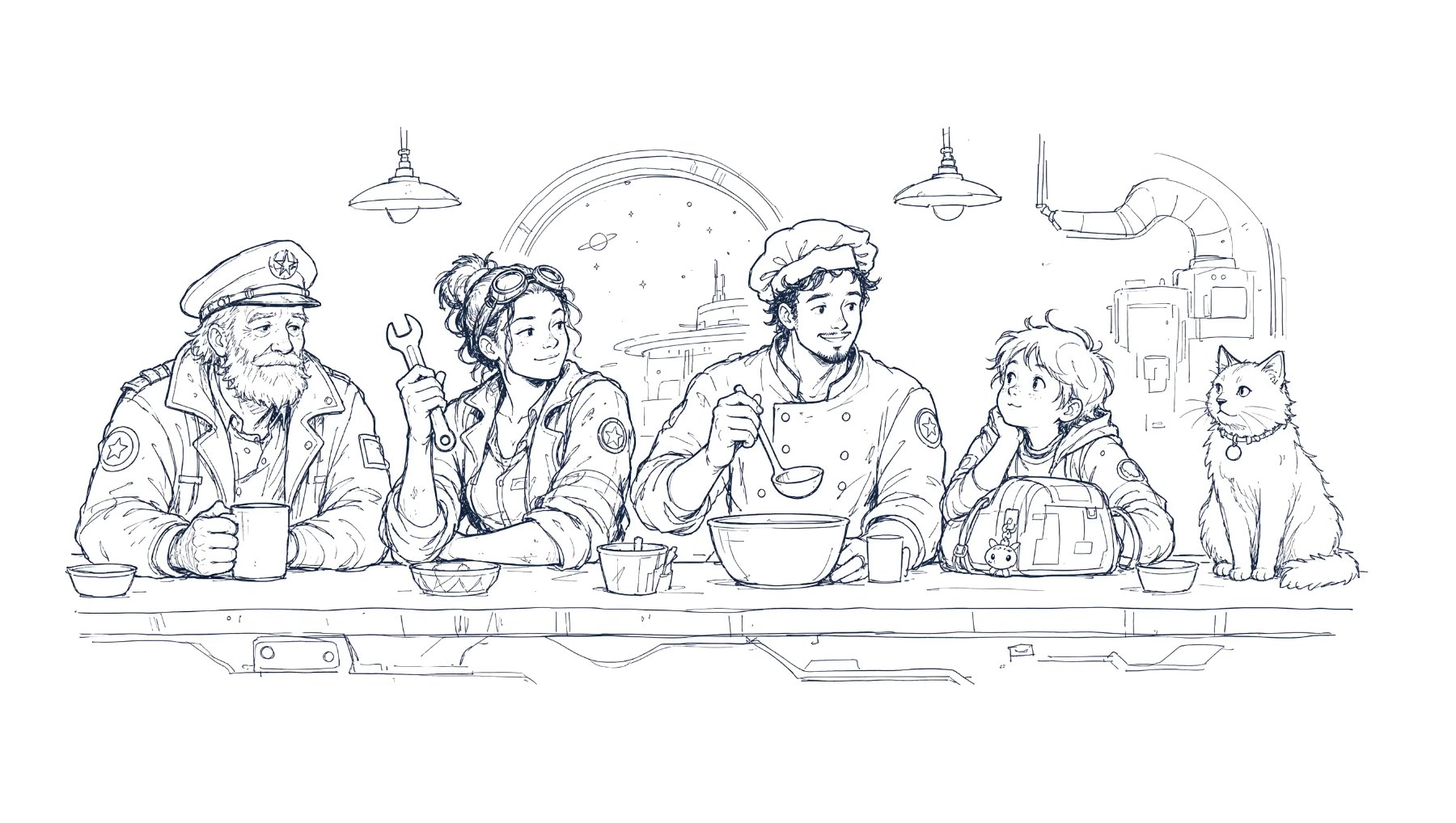 Line drawing: travellers and a cat at a station canteen counter